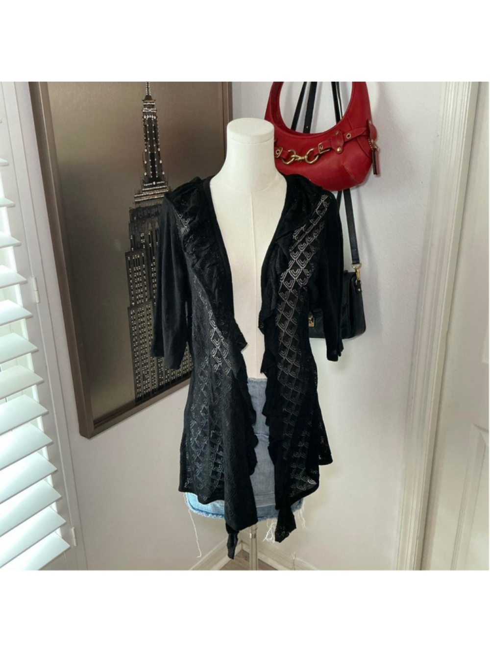 Covington Black Lace Ruffle Open Front Cardigan Size XL